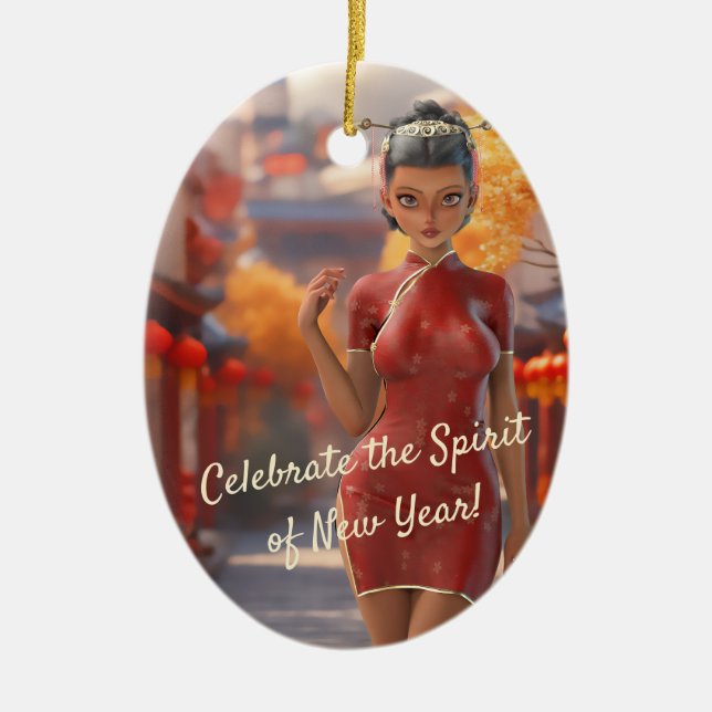 Exotic Toon Girl feiert chinesisches Neujahr Keramik Ornament (Vorne)