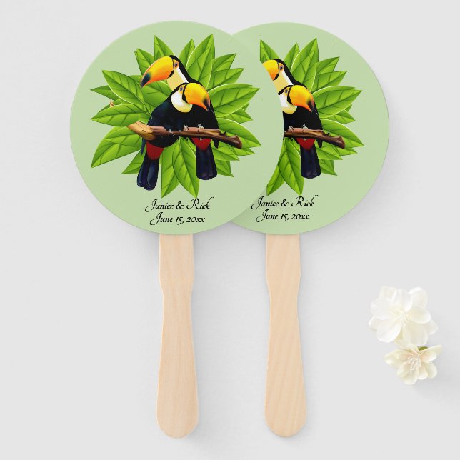 Exotic Toucan Duo Name und Datum Grün Fächer (Vorne und Hinten)