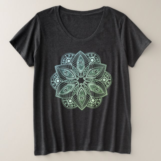 Exotic Tribal Green Gradient Mandala Große Größe T-Shirt (Design vorne)
