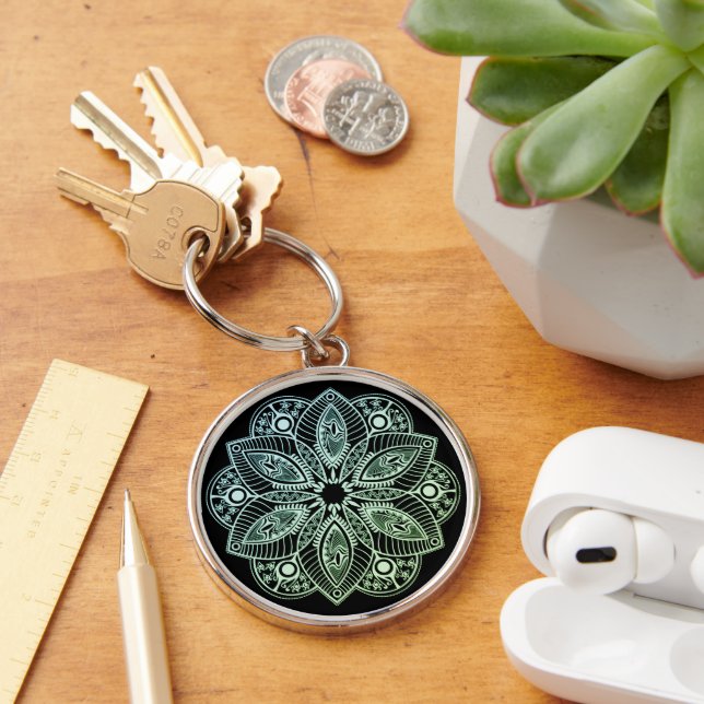 Exotic Tribal Green Gradient Mandala Schlüsselanhänger (Schreibtisch)