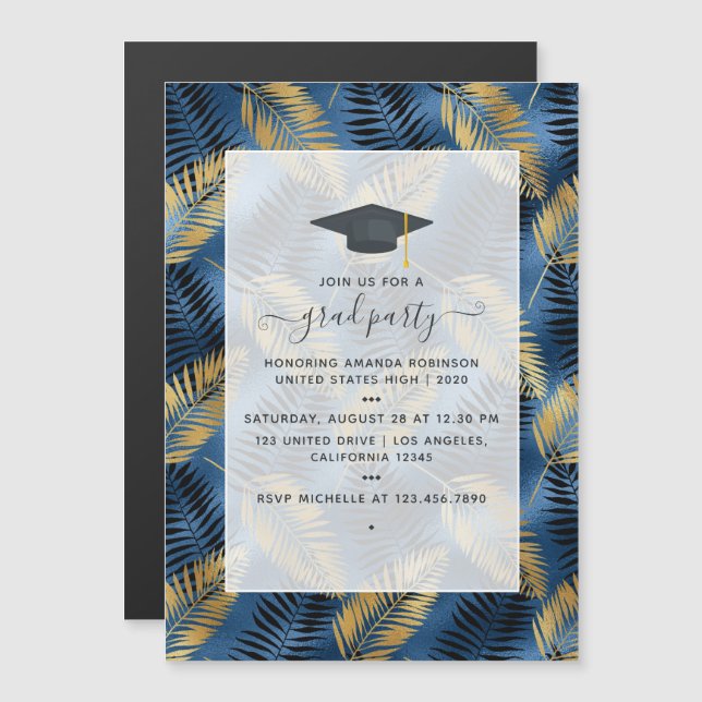 Exotic Tropical Blue and Gold Graduation Party Magneteinladung (Vorne/Hinten)