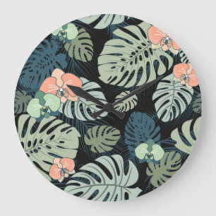 Exotic Tropical: Blumenmuster Große Wanduhr