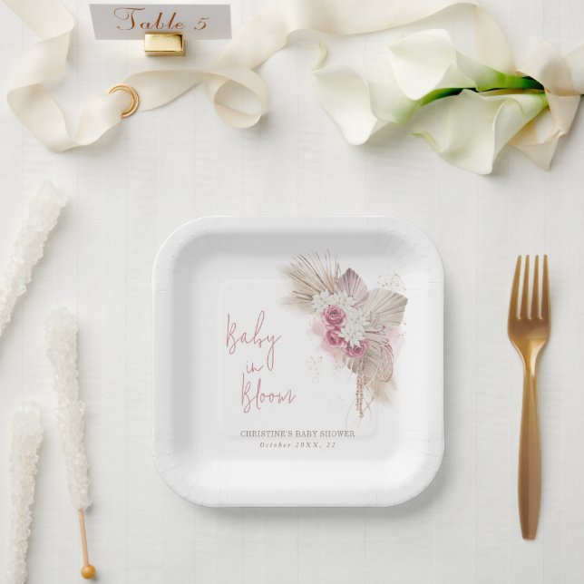 Exotic Tropical Boho Pink Roses Baby Dusche Pappteller (Hochzeit)