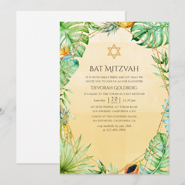 Exotic Tropical Geometric Bat Mitzvah Einladung (Vorne/Hinten)