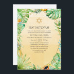 Exotic Tropical Geometric Bat Mitzvah Einladung<br><div class="desc">Sommerbat Mitzvah Einladung mit reichlich tropischer Vegetation,  strelitzia Blume,  einem Tukanvogel,  Ananas,  Eis und einem goldenen geometrischen Rahmen.</div>