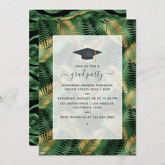Exotic Tropical Green and Gold Graduation Party Einladung (Vorne/Hinten)