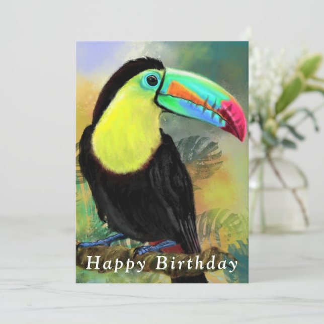 Exotic Tropical Toco Toucan Bird Birthday Card (Stehend Vorderseite)