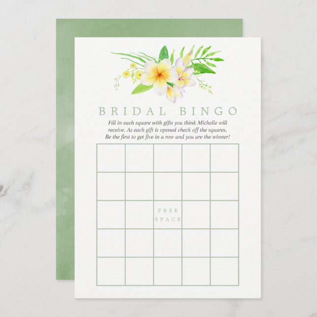 Exotic Watercolor Frangipani Brautparty Bingo Einladung (Vorne/Hinten)
