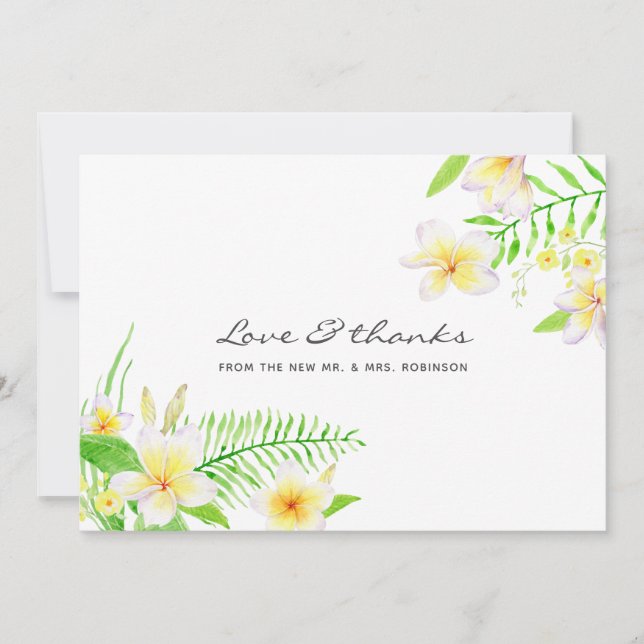 Exotic Watercolor Frangipani Floral Wedding Dankeskarte (Vorderseite)