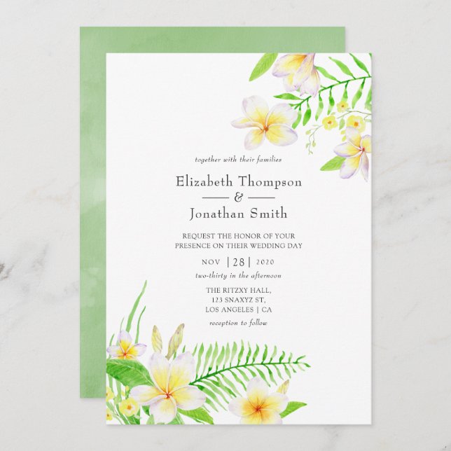 Exotic Watercolor Frangipani Floral Wedding Einladung (Vorne/Hinten)