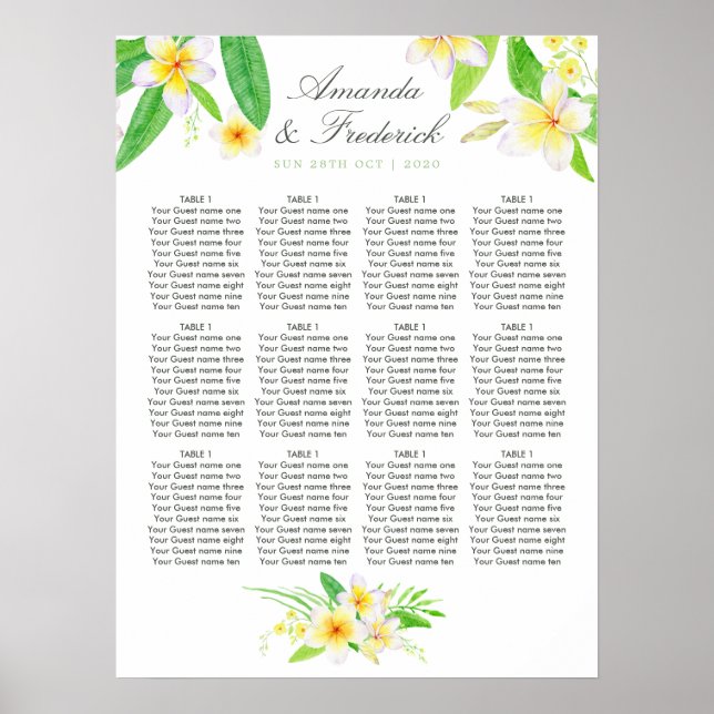 Exotic Watercolor Frangipani Hochzeitstabelle Poster (Vorne)