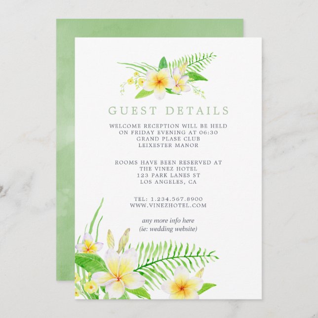 Exotic Watercolor Frangipani Wedding Guest Details Einladung (Vorne/Hinten)