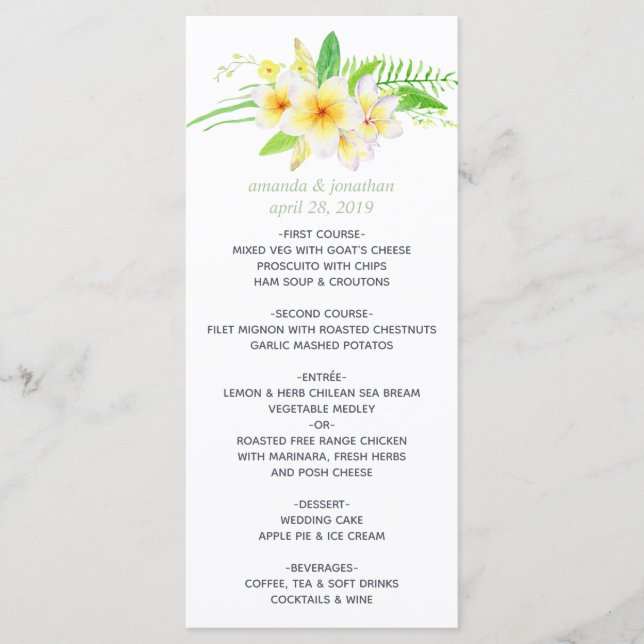 Exotic Watercolor Frangipani Wedding Menu Menükarte (Vorderseite)