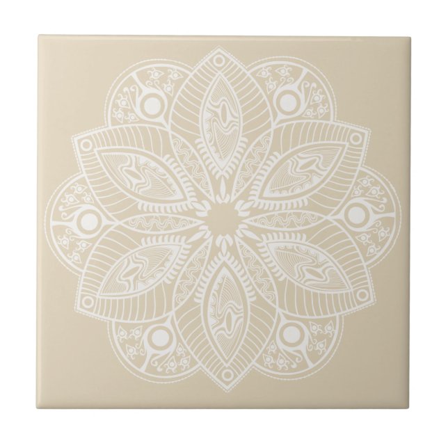 Exotic White Mandala auf Beige Hintergrund Fliese (Vorderseite)