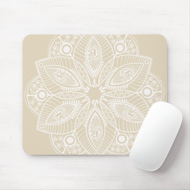 Exotic White Mandala auf Beige Hintergrund Mousepad (Mit Mouse)