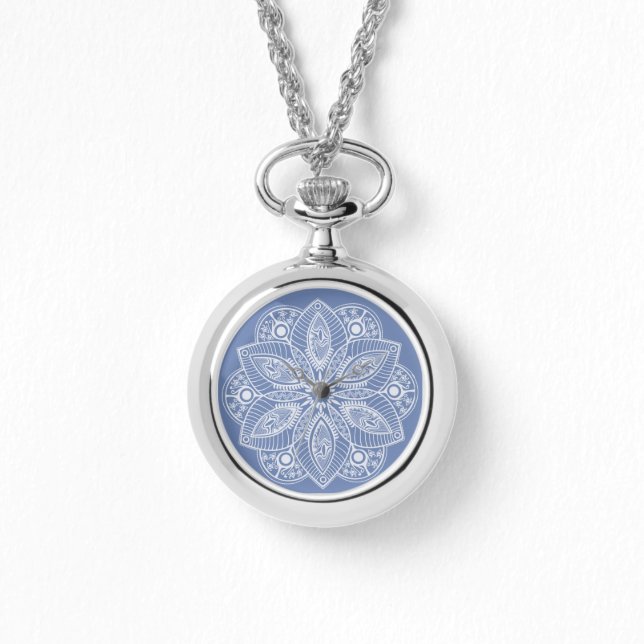 Exotic White Mandala auf Blue Background Armbanduhr (Vorderseite)