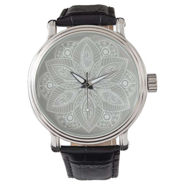 Exotic White Mandala auf grauem Hintergrund Armbanduhr (Vorderseite)