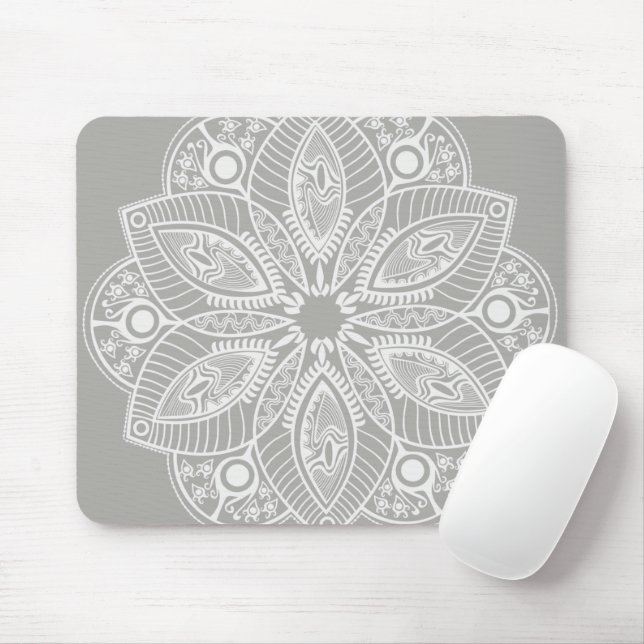 Exotic White Mandala auf grauem Hintergrund Mousepad (Mit Mouse)