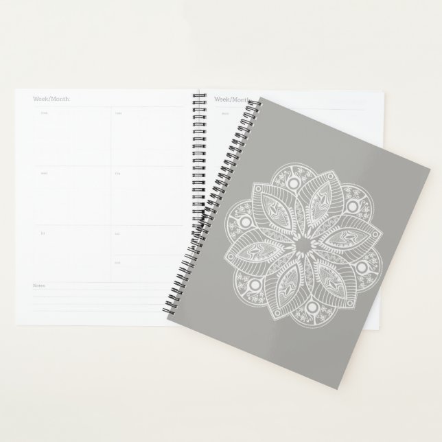 Exotic White Mandala auf grauem Hintergrund Planer (Anzeige)