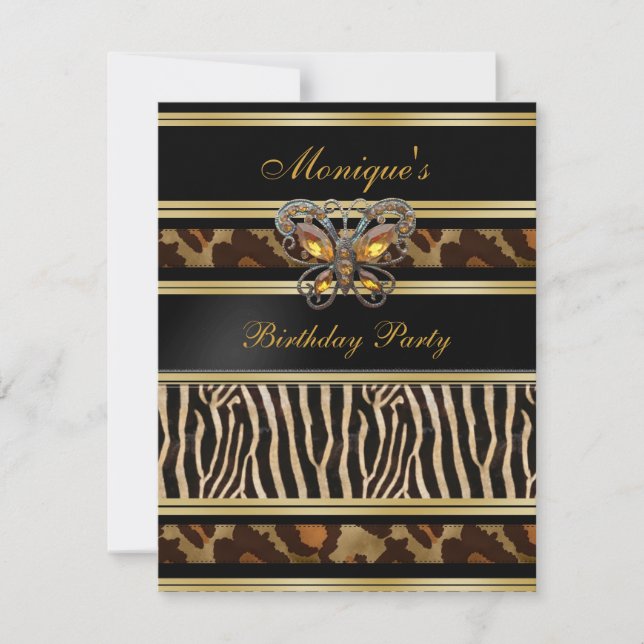 Exotic Wild Animal Prints Birthday Black Gold Einladung (Vorderseite)