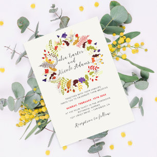 Exotic Woodland Wildblume Wreath Foto Hochzeit Einladung