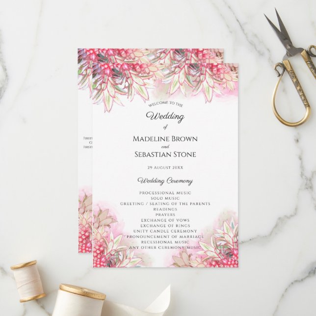 Exotisch rosa Ananas Blush Wedding Programm (Vorderseite/Rückseite Beispiel)