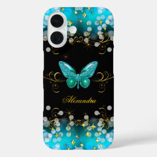 Exotische Aquamarine Blue Gold Black Butterfly-Gli iPhone 16 Hülle