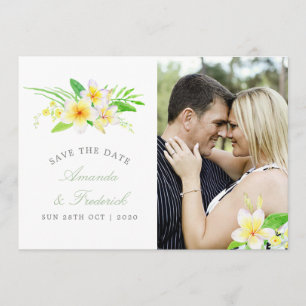 Exotische Aquarell-Frangipani-Hochzeit Save the Da Date
