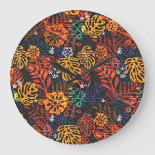 Exotische Blätter auf Denim, nahtlos drucken. Große Wanduhr