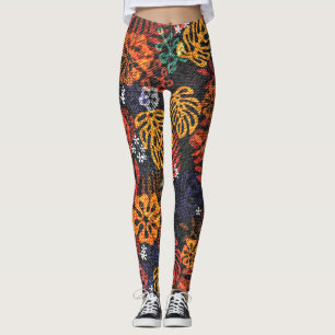 Exotische Blätter auf Jeans, nahtloser Druck. Leggings