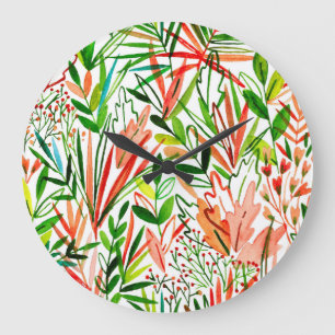 Exotische Blätter, Blume, Aquarellwaldflächen Große Wanduhr