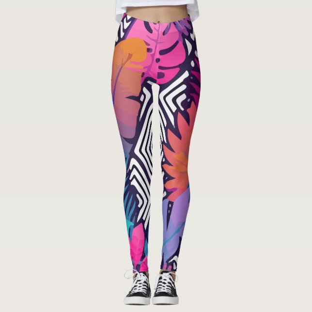 Exotische Blätter Blume auf geometrische Weise Leggings (Vorderseite)