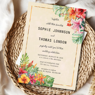 Exotische Blätter und Blume Aquarellhochzeit Einladung