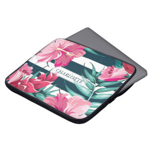 Exotische Blume Monogramm gestreift Laptopschutzhülle