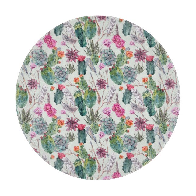 Exotische Boho Wasserfarbenkakteen und Sukkuläres  Schneidebrett (Vorderseite)