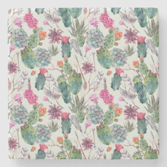 Exotische Boho Wasserfarbenkakteen und Sukkuläres  Steinuntersetzer (Vorderseite)
