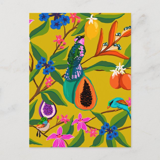 Exotische Dschungelvögel und Wildblumen Postkarte (Vorderseite)