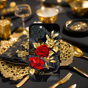 Exotische Elegante Rote Rosen Blumen Reich Gold Sc iPhone 13 Pro Max Hülle