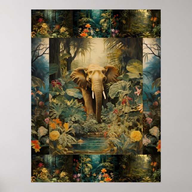 Exotische farbenfrohe Waldelephant Art Collage Poster (Vorne)