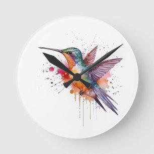 exotische farbige Kolibri in Aquarellfarbe Runde Wanduhr