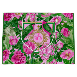 Exotische Gartenglamour Rosa und Grüne Monogramm  Große Geschenktüte