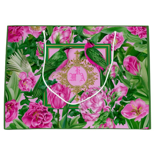 Exotische Gartenglamour Rosa und Grüne Monogramm  Große Geschenktüte (Vorderseite)