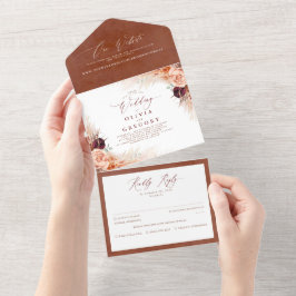 Exotische Hochzeit mit Terracotta-Blume und Pampas All In One Einladung