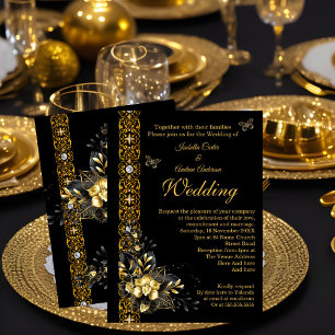 Exotische Hochzeit Schwarz Gold Floral Schmetterli Einladung