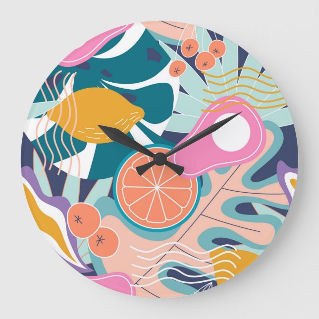 Exotische, moderne Dschungelcollage. Große Wanduhr (Vorderseite)