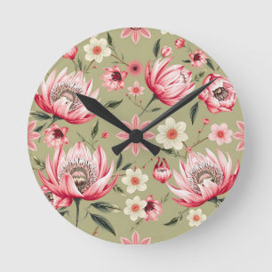 Exotische Protea-Blume Botanisch Hellgrün Luxus Runde Wanduhr