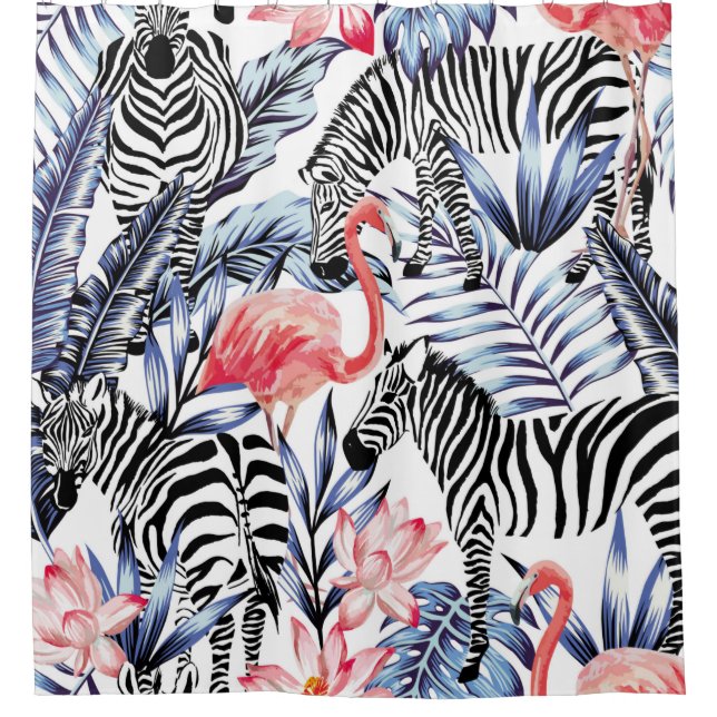 Exotische rosa Flamingo, Zebra im Hintergrund Somm Duschvorhang (Vorderseite)