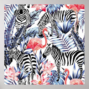 Exotische rosa Flamingo, Zebra im Hintergrund Somm Poster