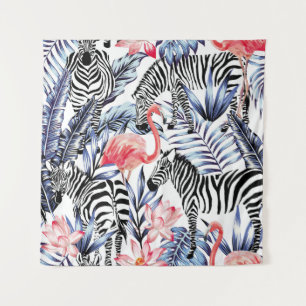 Exotische rosa Flamingo, Zebra im Hintergrund Somm Wandteppich