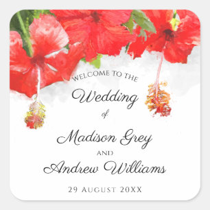 Exotische rote Hibiskus-Blumen-Kunst-Hochzeit Quadratischer Aufkleber